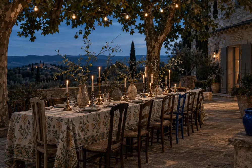 Long garden dinner table at dusk under trees