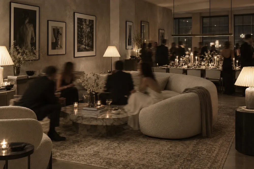 Guests lingering in conversation in a lamplit room