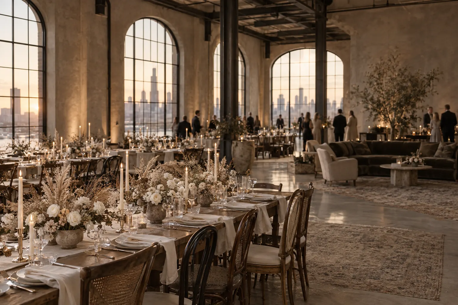 Long linen-dressed tables set for a celebration in a sunlit loft with tall arched windows