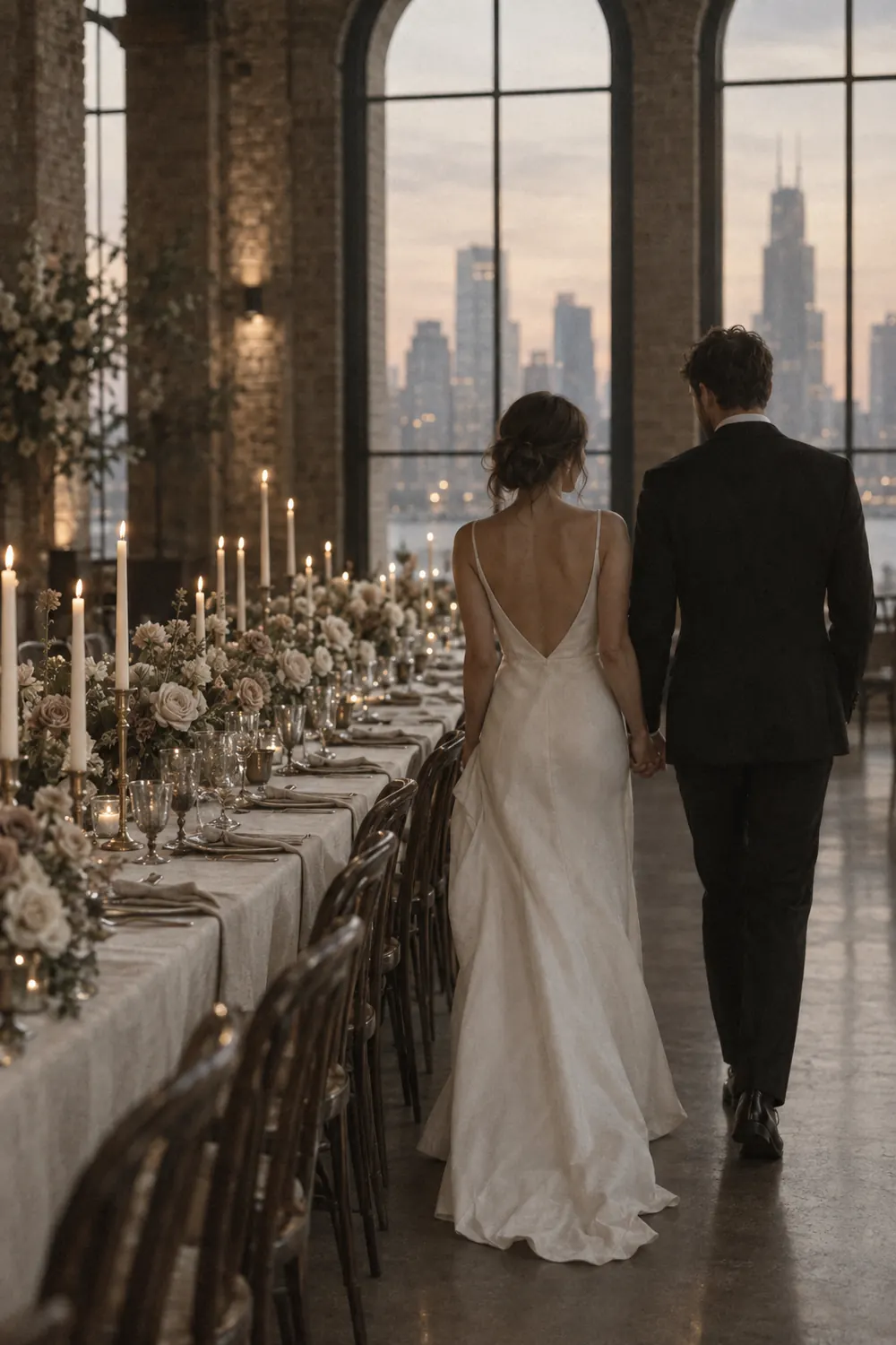 Bride and groom walking away from camera along a long candlelit table in a loft at dusk